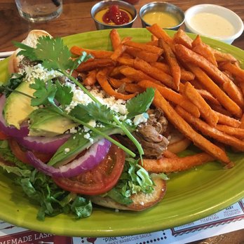 Barnaby's Cafe - Carnitas torta with Sweet potatoes fries - American Near Me - Houston, Texas Barnaby's Cafe - Carnitas torta with Sweet potatoes fries - American Near Me - Houston, Texas