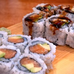 Two Rolls Lunch Special: $10.95; $11.92 with tax. Eel Avocado Roll top, Salmon Avocado Roll bottom. Each roll comes with six pieces. Two Rolls Lunch Special: $10.95; $11.92 with tax. Eel Avocado Roll top, Salmon Avocado Roll bottom. Each roll comes with six pieces.