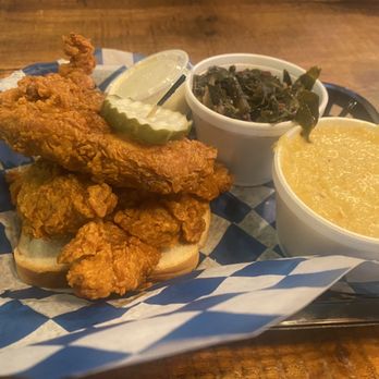 Porch - 3 Jumbo Tenders with grits and collard greens - Southern Near Me - Saint Simons Island, Georgia Porch - 3 Jumbo Tenders with grits and collard greens - Southern Near Me - Saint Simons Island, Georgia