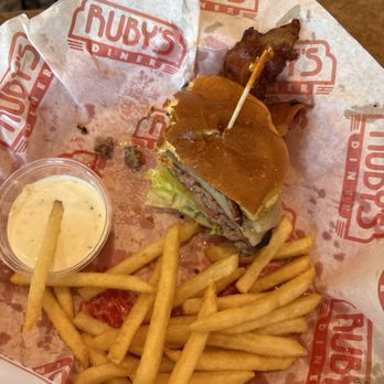 Ruby's Diner - Fries comes with burger it has bacon lettuce tomato cheese - Diners Near Me - Costa Mesa, California