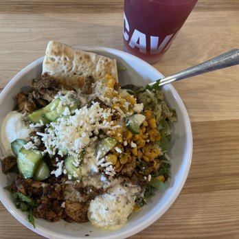 CAVA - Build your own bowl and a blueberry lavender and lemonade mixed drink - Salad Near Me - Austin, Texas