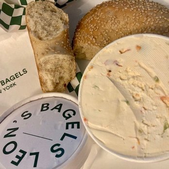 Leon’s Bagels - Sesame bagel and a taste of the veggie cream cheese - Bagels Near Me - New York, New York Leon’s Bagels - Sesame bagel and a taste of the veggie cream cheese - Bagels Near Me - New York, New York