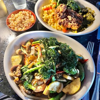 Poor Calvin's - Fried chicken with mac & cheese & collard greens (back). Crispy beef & shrimp stir fry (front)...so good! - Asian Fusion Near Me - Atlanta, Georgia Poor Calvin's - Fried chicken with mac & cheese & collard greens (back). Crispy beef & shrimp stir fry (front)...so good! - Asian Fusion Near Me - Atlanta, Georgia