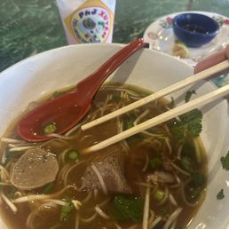 P-4. Pho Dac Biet with Crab Rangoons (3) and watermelon boba