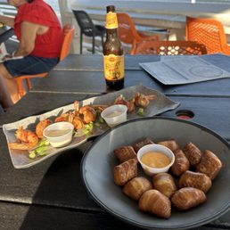 Bacon wrapped shrimp and pretzel bites. Bacon wrapped shrimp and pretzel bites.