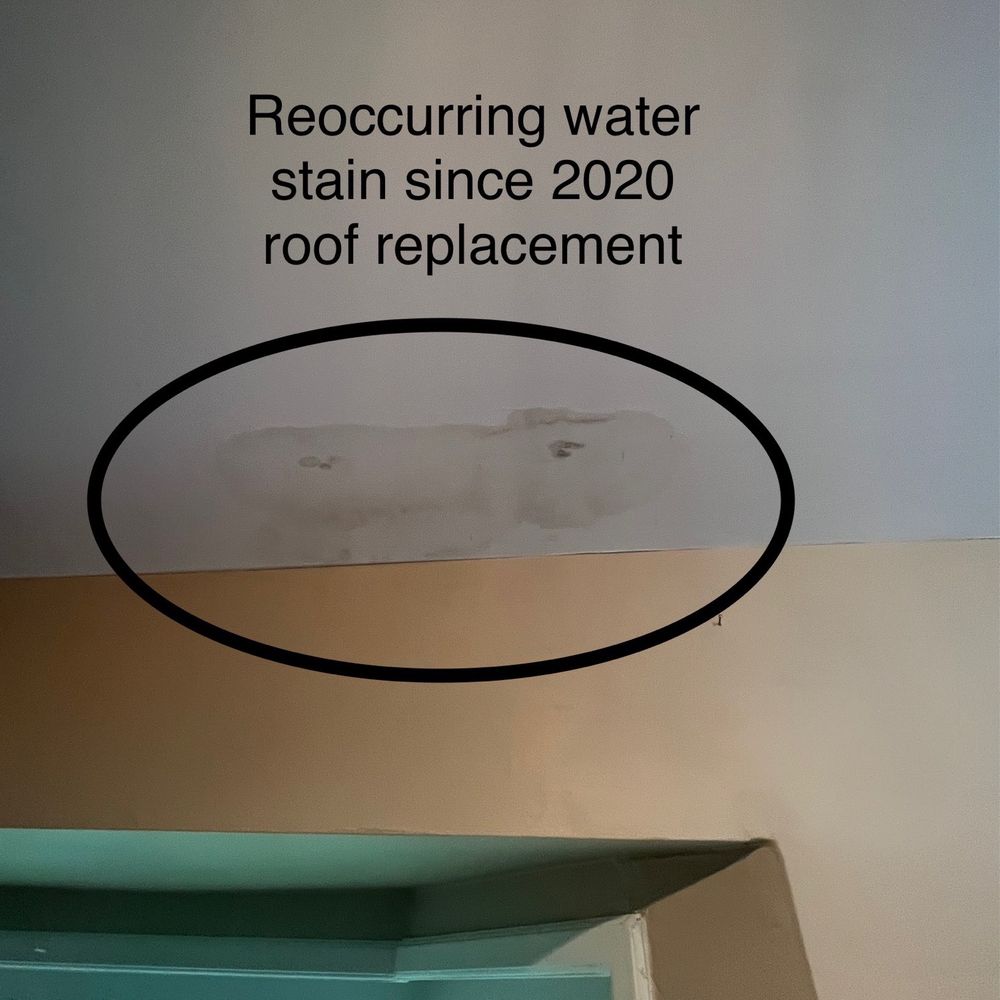 Jules Poirier Company - Water stain on drywall. Persistent issue ever since roof was replaced. - Roofing Near Me - Avon, Connecticut