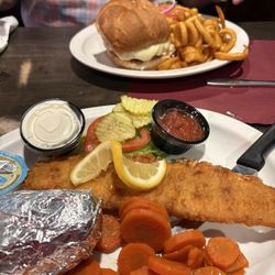 Green Gables - Cheeseburger with curly fries Fried haddock with baked potato and the most amazing carrots!