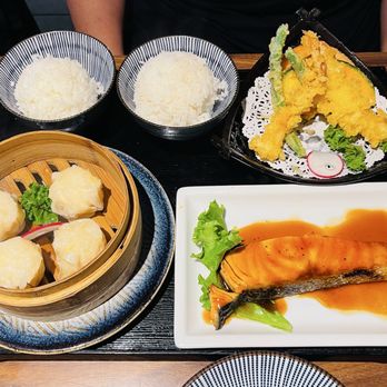 Sushi Kyo - 3 item bento: Shrimp Shumai, salmon teriyaki, and Mixed Tempura - meh, just okay - Japanese Near Me - Monrovia, California Sushi Kyo - 3 item bento: Shrimp Shumai, salmon teriyaki, and Mixed Tempura - meh, just okay - Japanese Near Me - Monrovia, California
