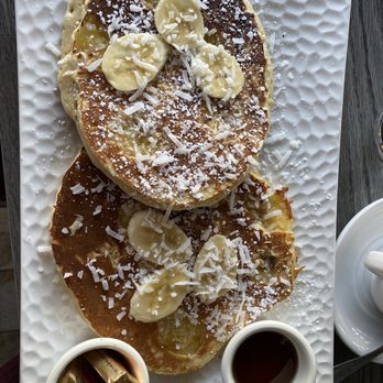 Moussaka Mediterranean Kitchen - Banana, macadamia nut, coconut pancakes - Mediterranean Near Me - San Leandro, California
