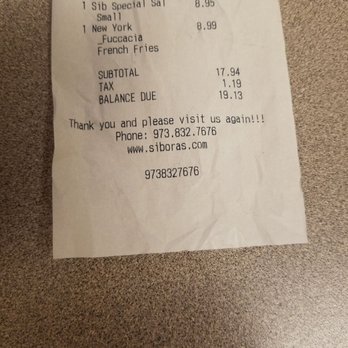 Sibora's - a receipt for a restaurant - Mediterranean Near Me - Lincoln Park, New Jersey Sibora's - a receipt for a restaurant - Mediterranean Near Me - Lincoln Park, New Jersey