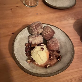The Progress - Red wheat donuts with maple ice cream, quince butter, candied pecans - New American Near Me - San Francisco, California The Progress - Red wheat donuts with maple ice cream, quince butter, candied pecans - New American Near Me - San Francisco, California