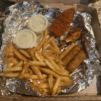 Villa Pizza - Villa Trio - three fingers, three wings & three cheese sticks with fries. Sorry I ate most of it before I took the picture - Pizza Near Me - Las Vegas, Nevada