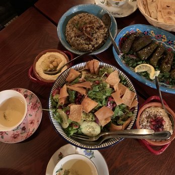Salma - Tea, Fattoush Salad, Hummus, grape leaves, Moutabal Eggplant, Mjaddara - Lebanese Near Me - New York, New York Salma - Tea, Fattoush Salad, Hummus, grape leaves, Moutabal Eggplant, Mjaddara - Lebanese Near Me - New York, New York