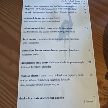 Seabird - Current menu. The website says it changes daily - Seafood Near Me - Bainbridge Island, Washington