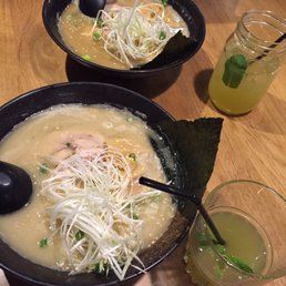 Two bowls of ramen with mint lemonade. Could use some dried seaweed and more green onions, but still delicious :)
