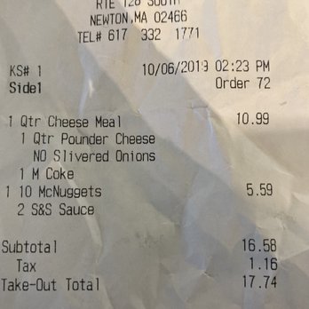 McDonald's - the receipt for the restaurant - Fast Food Near Me - Newton, Massachusetts McDonald's - the receipt for the restaurant - Fast Food Near Me - Newton, Massachusetts