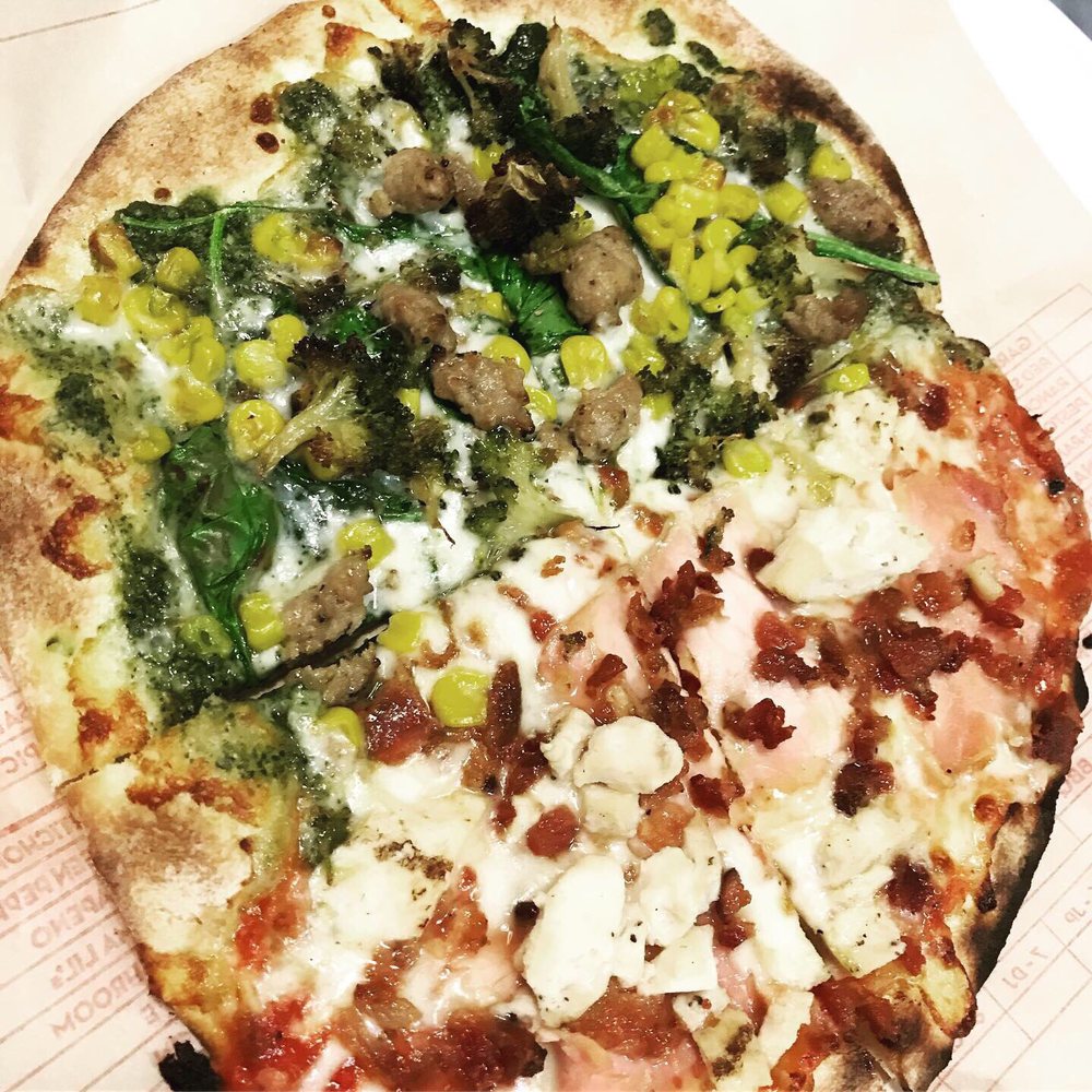 MOD Pizza - Mini 6 inch- One half is with veggies, sausages , and  pesto sauce  . The other half is with ham, chicken , and bacon. - Pizza Near Me - Bloomingdale, Illinois