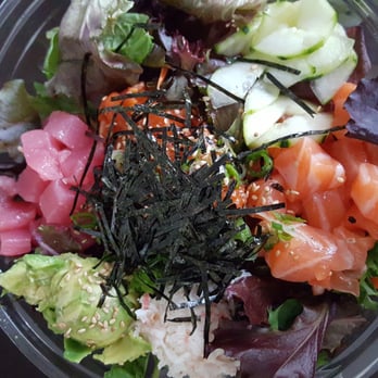 Poki Monster - Poke Bowl with salmon, spicy salmon and ahi. Sides are cucumber, avocado, and krab. - Poke Near Me - Brea, California