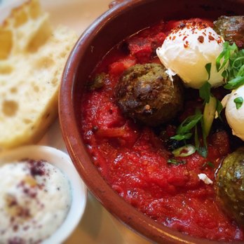 Medina Cafe - Les Boulettes....Mediterranean Lamb meatballs in a Red Pepper, Black Olive, Tomato Stew with Poached Eggs...fabulous!!!! - Breakfast & Brunch Near Me - Vancouver, British Columbia