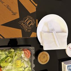 Upper Crust Pizza - Pizza box, half salad (huge!) and utensils.