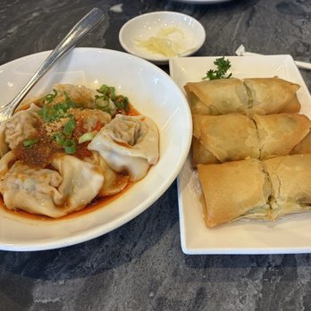 Paradise Dynasty - B10. Prawn and Kurobuta Pork Wonton in Chili Oil & B4. Crispy Vegetable Spring Roll - Chinese Near Me - Glendale, California