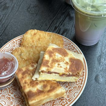 Any Day Now - Scallion pancake breakfast sandwich (bacon) + cherry vanilla matcha - Coffee & Tea Near Me - Washington, DC, District of Columbia Any Day Now - Scallion pancake breakfast sandwich (bacon) + cherry vanilla matcha - Coffee & Tea Near Me - Washington, DC, District of Columbia
