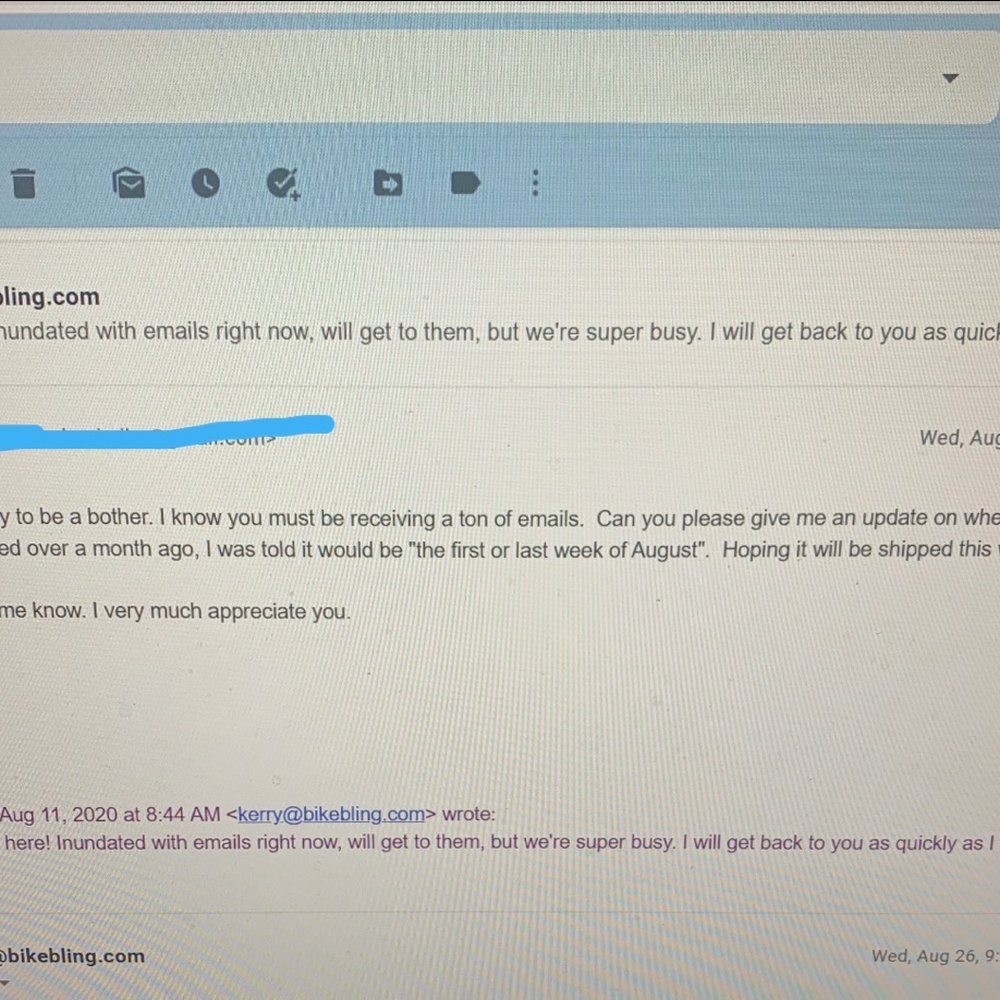 First email confirming delivery in August as promised. First email confirming delivery in August as promised.