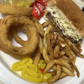 Daglas Drive In - Double Cheeseburger, Small Fries, Fresh Onion Rings, Banana Peppers (split with coworker) IG: @ammysalamii - Burgers Near Me - Winnetka, California
