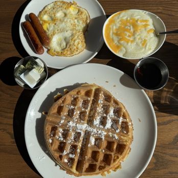 Another Broken Egg Cafe - Belgian Waffle with eggs and Chicken Sausage and Grits (with cheese) - Breakfast & Brunch Near Me - Elkridge, Maryland