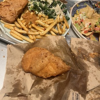 California Fish Grill - Fish and chips with oil saturated napkins - Fish & Chips Near Me - Simi Valley, California California Fish Grill - Fish and chips with oil saturated napkins - Fish & Chips Near Me - Simi Valley, California