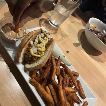 Seva Detroit - Yam fries, aioli sauce, and vegan coney dog. - Vegetarian Near Me - Detroit, Michigan Seva Detroit - Yam fries, aioli sauce, and vegan coney dog. - Vegetarian Near Me - Detroit, Michigan