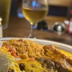 Mitla Cafe - Cheese enchilada, shredded beef taco, rice and beans
