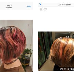 Hedwig's Hair Salon - Left: hair immediately after getting it done Right: hair 12 days later.  23 days later and there is no pink at all in my hair. :(