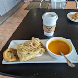 Coffee Matters - Chocolate Chip Cookie, Newfoundland Turkey Panini, Carrot soup, Latte, Pastry