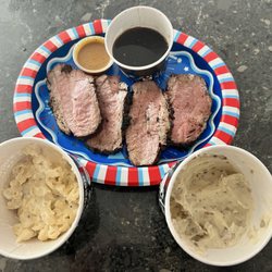Perfectly done Tri-tip, au jus, bbq sauce, Mac and Cheese, and Mashed potatoes left overs for another day!