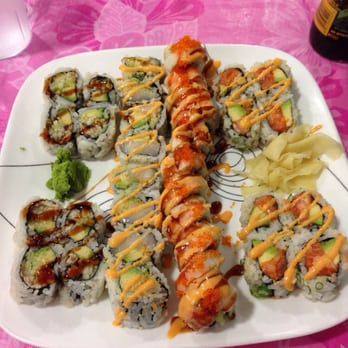 Avana Sushi - Left: eel avocado cucumber roll. Middle two: spicy scallop roll and scorpion roll. Right: spicy salmon avocado roll. Yum! - Japanese Near Me - Boston, Massachusetts Avana Sushi - Left: eel avocado cucumber roll. Middle two: spicy scallop roll and scorpion roll. Right: spicy salmon avocado roll. Yum! - Japanese Near Me - Boston, Massachusetts