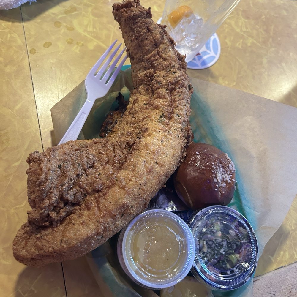 Owl Tavern - Fried Walleye. Great potato pancake (you can't see) homemade kale slaw. Applesauce and sour cream included for pancake. - Bars Near Me - Lake Geneva, Wisconsin