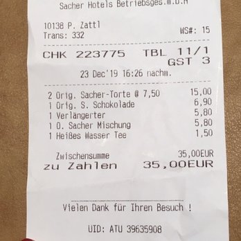 Sacher Confiserie Wien - Bill for 2 slices, coffee, tea & hot chocolate - Chocolatiers & Shops Near Me - Vienna, 9