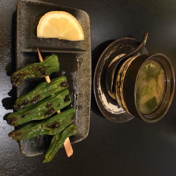 Mikami Izakaya & Ramen - shishito pepper skewer and miso soup as part of my wife's lunch set. - Izakaya Near Me - Chicago, Illinois Mikami Izakaya & Ramen - shishito pepper skewer and miso soup as part of my wife's lunch set. - Izakaya Near Me - Chicago, Illinois