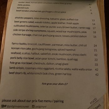 PiDGiN - Food menu 2019 - Japanese Near Me - Vancouver, British Columbia