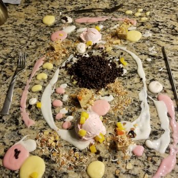 Alinea - Our finished dessert, with strawberry ice cream. - New American Near Me - Chicago, Illinois