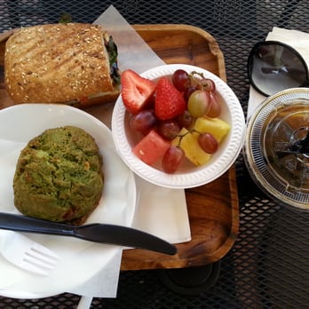 Bricks & Scones - Friends' sandwich, matcha white chocolate scone, side of fruit, and iced coffee! - Coffee & Tea Near Me - Los Angeles, California Bricks & Scones - Friends' sandwich, matcha white chocolate scone, side of fruit, and iced coffee! - Coffee & Tea Near Me - Los Angeles, California