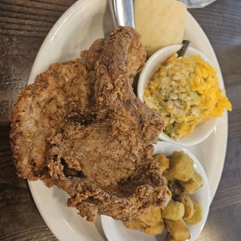 Hope Valley Diner - Pork Chop, Brocolli rice casserole and friend okra - Diners Near Me - Durham, North Carolina Hope Valley Diner - Pork Chop, Brocolli rice casserole and friend okra - Diners Near Me - Durham, North Carolina