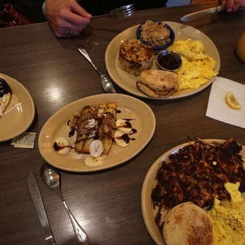 Snooze, an A.M. Eatery - French toast of the day, Snooze classic (back) and Corned Beef Hash.  Everything was delicious! - Breakfast & Brunch Near Me - Boulder, Colorado