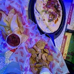 Bubba's 33 - Crispy Fried Pickles and Chorizo Queso Dip