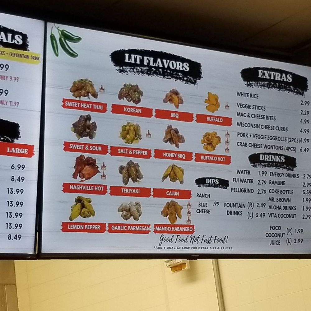 LIT Wings - Menu board part 2. Flavors, extras, drinks, dips. - Chicken Wings Near Me - Nellis Air Force Base, Nevada