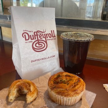 The Duffeyroll Cafe - Ham and Cheese Duffeyroll, original mini (sorry couldn't wait to take a bite before the pic lol) and an iced coffee. - Breakfast & Brunch Near Me - Denver, Colorado