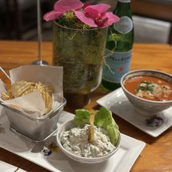 Extraordinary Desserts - Spinach dip and chips and tomato and basil soup