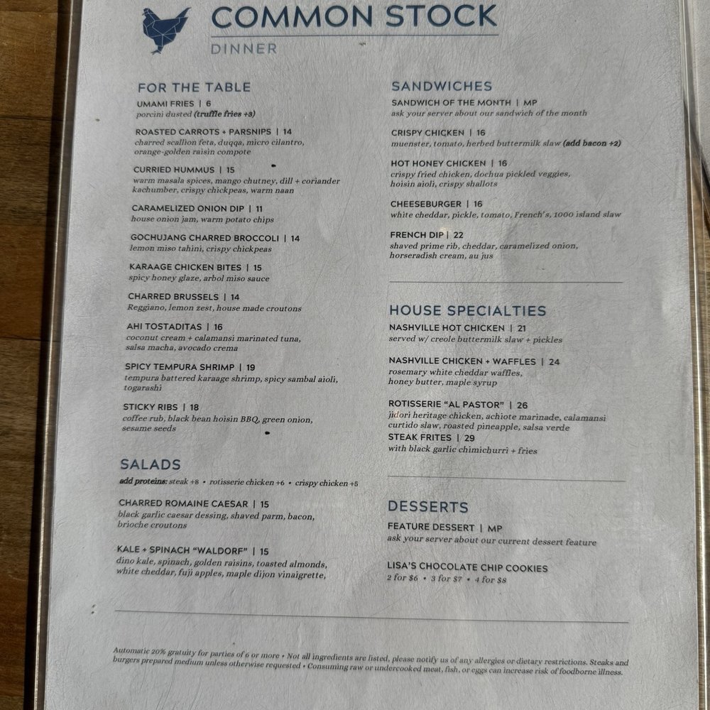 Common Stock - Menu 7/31/25 - New American Near Me - San Diego, California Common Stock - Menu 7/31/25 - New American Near Me - San Diego, California