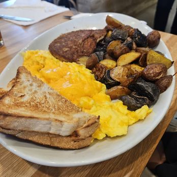Whidbey's A Daytime Eatery - Scrambled eggs with cheese, 2 sausage patties, toast and potatoes. - Breakfast & Brunch Near Me - Enterprise, Nevada Whidbey's A Daytime Eatery - Scrambled eggs with cheese, 2 sausage patties, toast and potatoes. - Breakfast & Brunch Near Me - Enterprise, Nevada